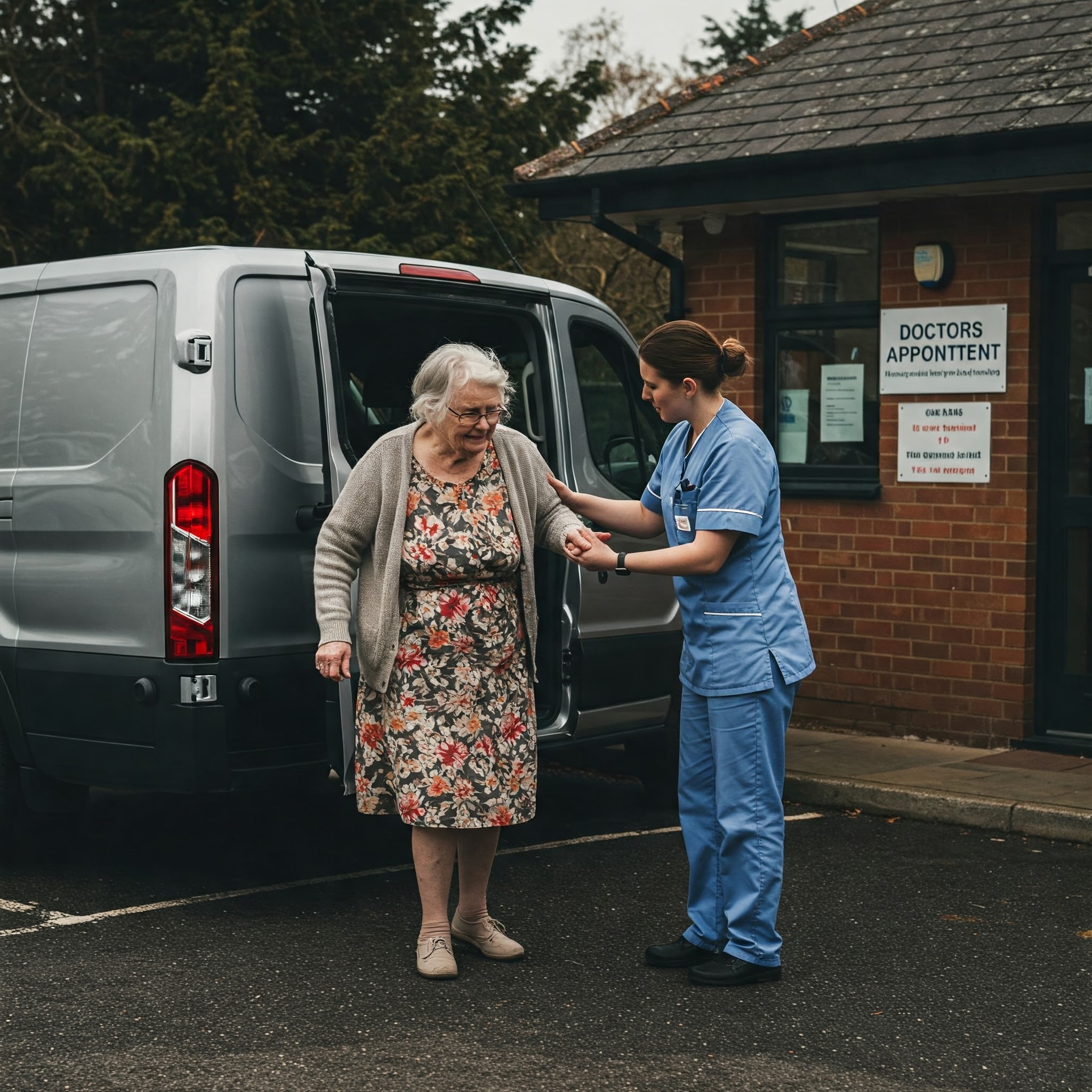 Medical transportation staff helping elderly patient